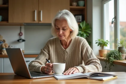 Femme lisant un magazine animal dans sa cuisine chaleureuse