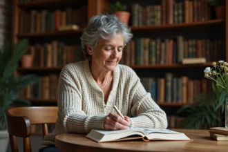 Femme lisant un livre illustré sur les chouettes dans une bibliothèque chaleureuse