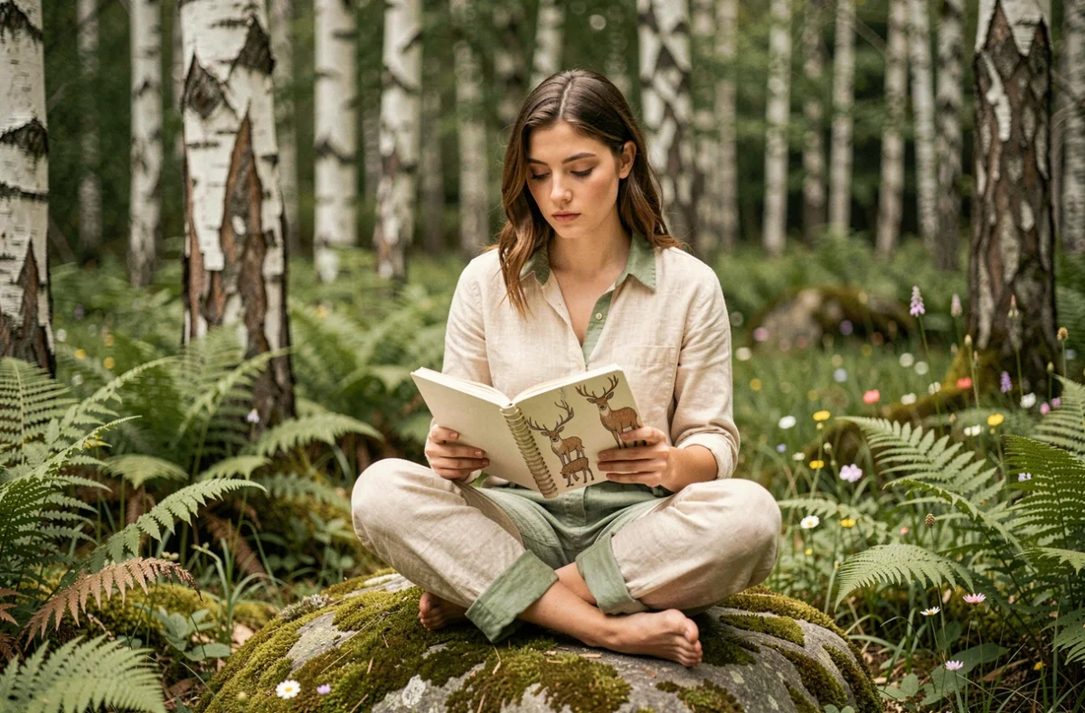 Femme méditant dans une forêt avec un journal illustré de cerfs, explorant la signification spirituelle du cerf