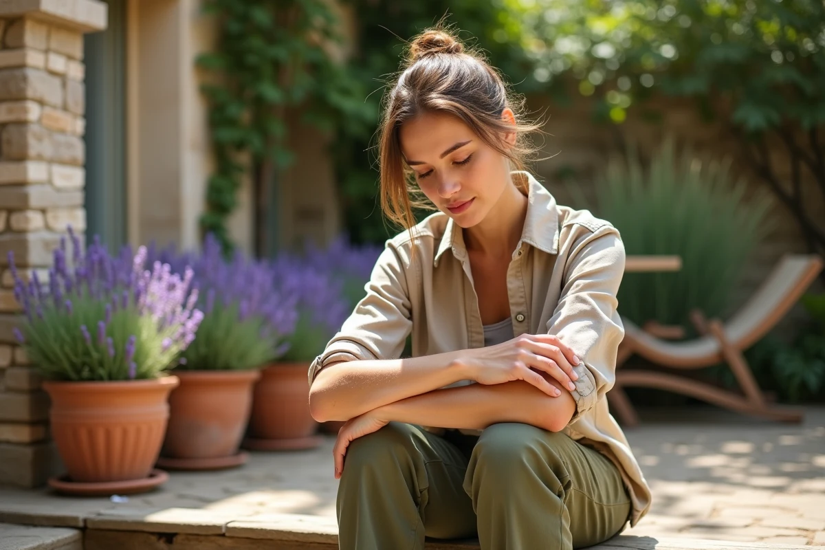 Femme examinant une rougeur sur son avant-bras après une possible morsure d'araignée dans un jardin du sud de la France