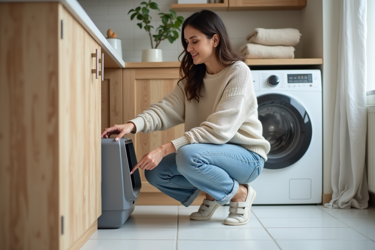Femme souriante posant une litière moderne dans une pièce propre