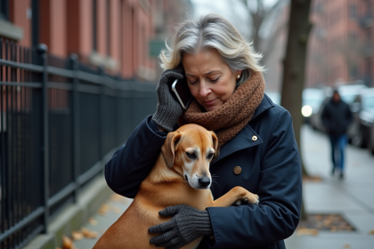 Femme réconfortant un chien dans la rue de New York