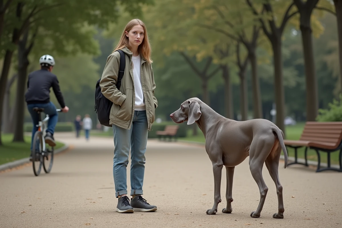 Jeune femme observant un chien nerveux dans un parc urbain