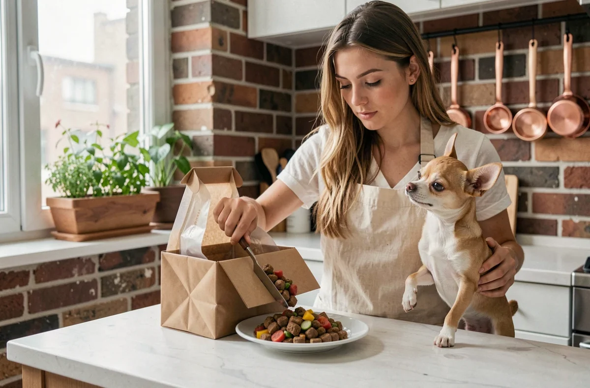 Femme qui prépare un repas pour chien livré en kit avec un petit Chihuahua attendant à côté dans une cuisine urbaine