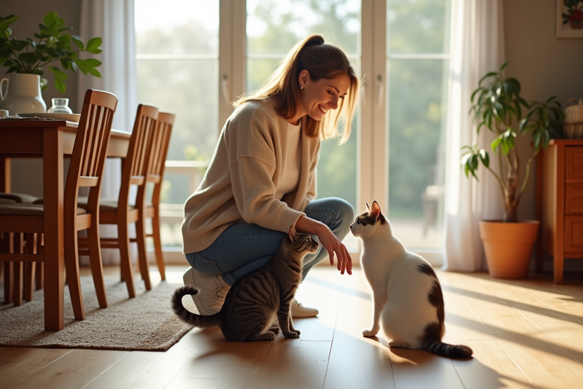 Femme souriante présentant deux chats dans la maison