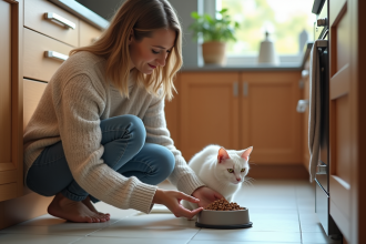 Femme en jean et pull doux donnant à manger à un chat dans la cuisine