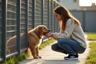 Femme rassurante avec un chiot golden retriever derrière la clôture