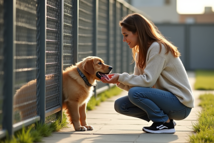 Femme rassurante avec un chiot golden retriever derrière la clôture