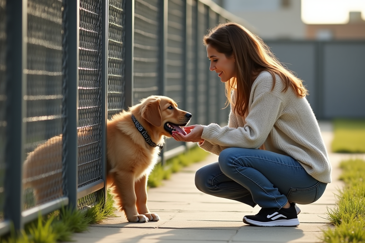 Femme rassurante avec un chiot golden retriever derrière la clôture