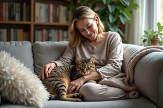 Femme détendue vérifiant son chaton sur le sofa cozy