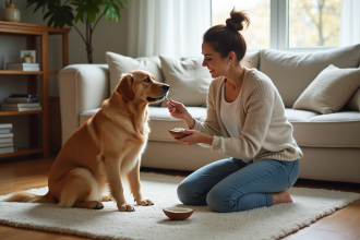 Femme offrant de l'huile de coco à son chien dans un salon chaleureux