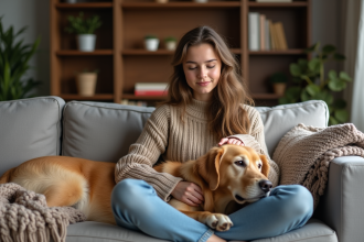 Jeune femme avec chien retriever dans un salon chaleureux