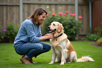 Femme et retriever dans le jardin verdoyant