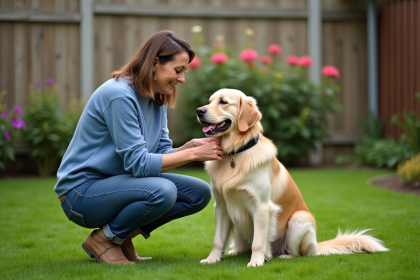 Femme et retriever dans le jardin verdoyant