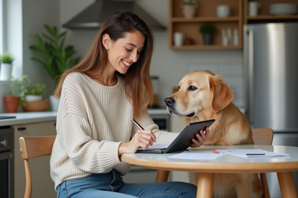 Jeune femme avec son chien dans la cuisine lumineuse
