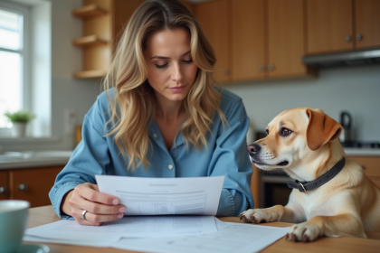 Femme relisant documents d'assurance avec son chien