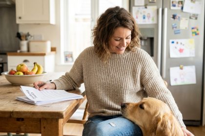 Femme souriante avec son chien en cuisine pour assurance