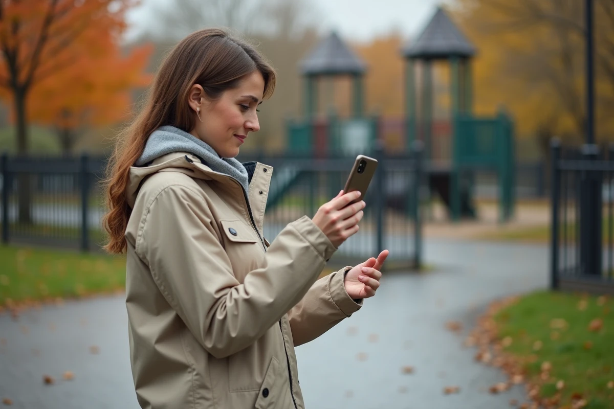 Femme signalant des crottes de sanglier dans un parc avec son smartphone près d'une aire de jeux