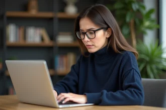 Femme utilisant un tchat sécurisé sur son ordinateur portable dans un bureau à domicile moderne