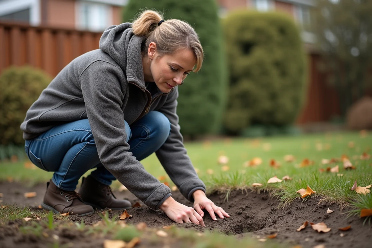 Femme inspectant des traces d'animaux dans son jardin