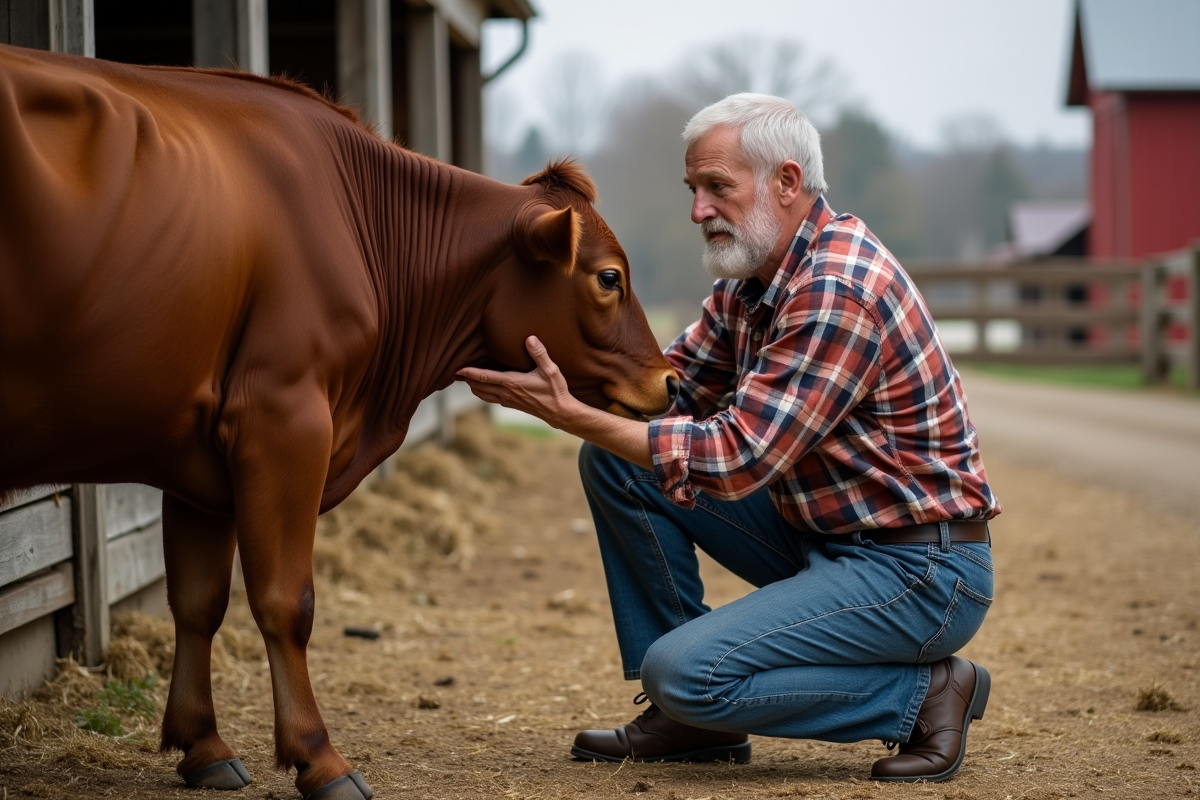 Fermier avec vache dans la ferme rurale