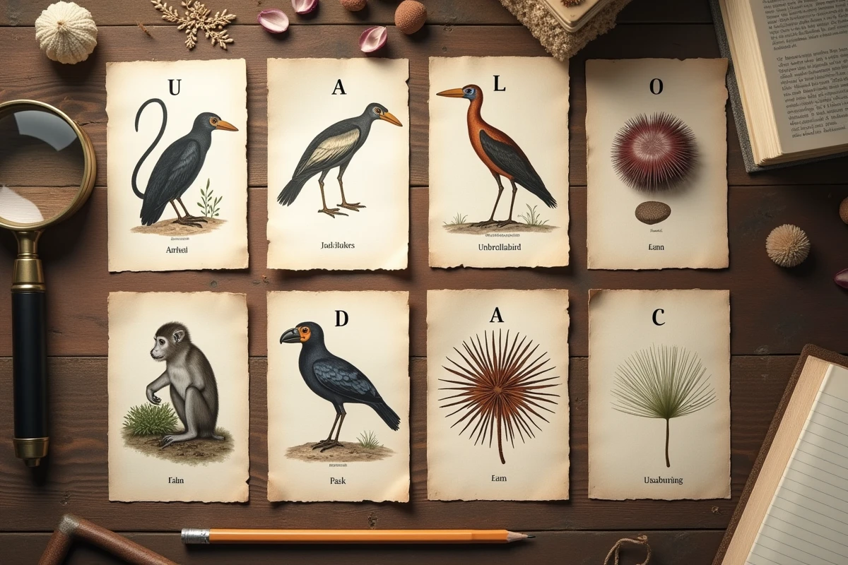 Collection de fiches naturalistes illustrées représentant des animaux en U comme l'ouakari, l'ombrelle et l'oursin, posées sur une table en bois avec une loupe vintage