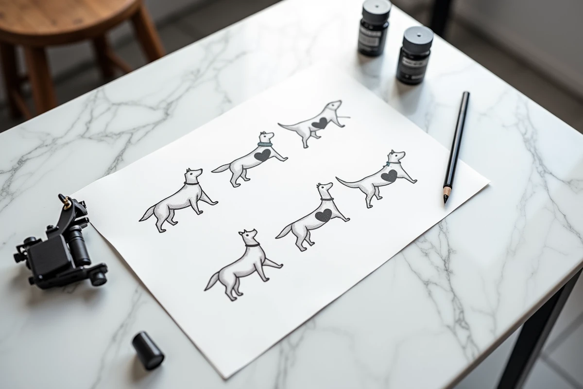 Planche de flashs tatouage chien minimaliste et empreintes de pattes sur marbre blanc dans un studio de tatouage professionnel
