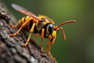 Gros plan macro d'un frelon européen posé sur une écorce d'arbre, illustrant le danger potentiel des insectes piqueurs pour l'homme