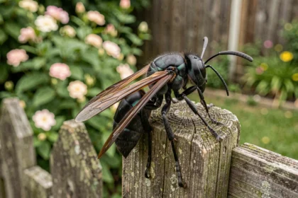 Frelon noir posé sur un piquet de bois dans un jardin, vue macro montrant les détails de son exosquelette sombre et ses ailes nervurées