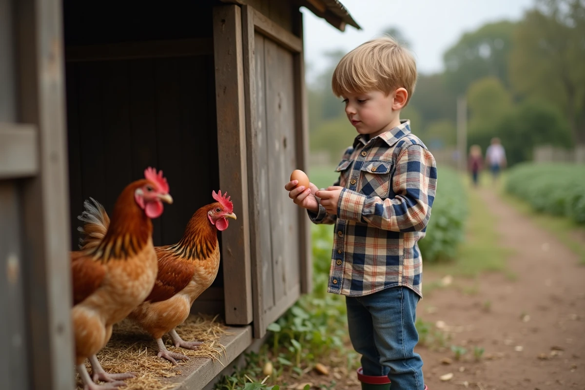 Jeune garçon avec œuf de poule dans la main près du poulailler