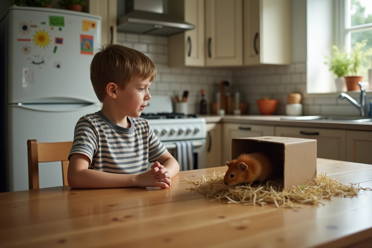 Garçon regardant un cochon d
