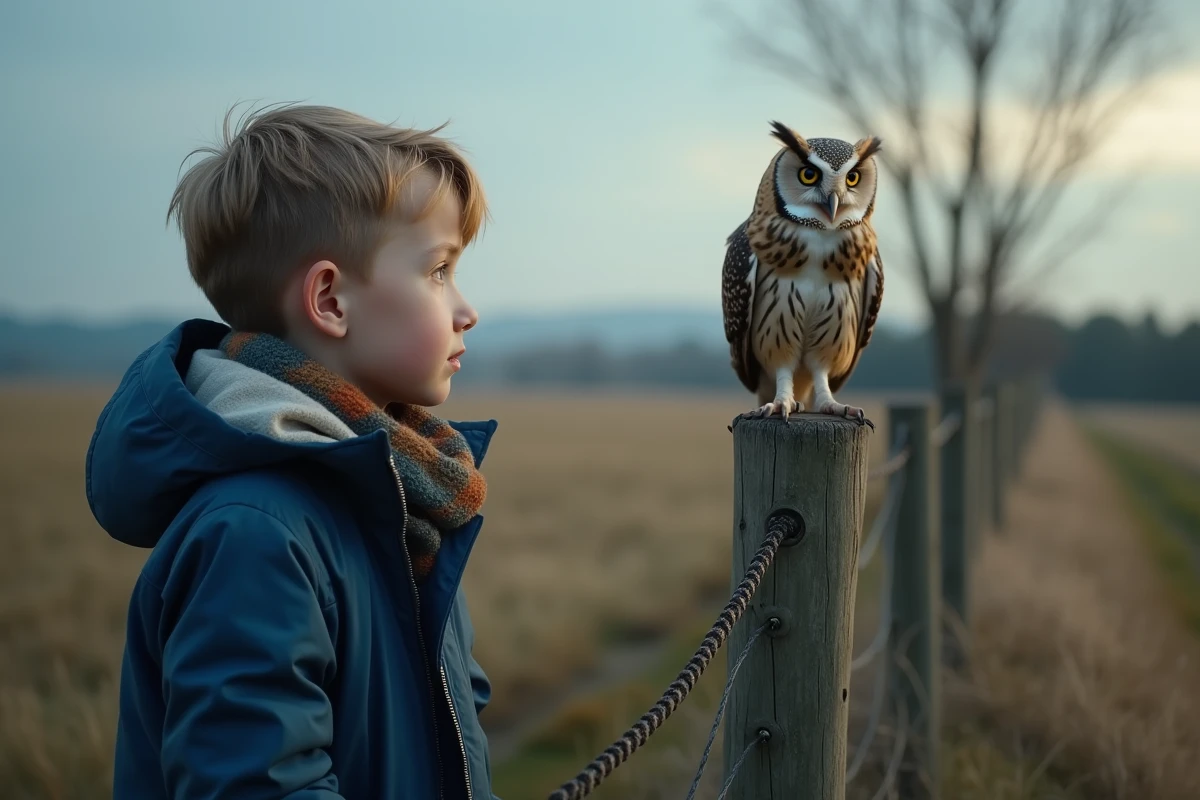Jeune garçon observant un hibou dans un champ au crépuscule