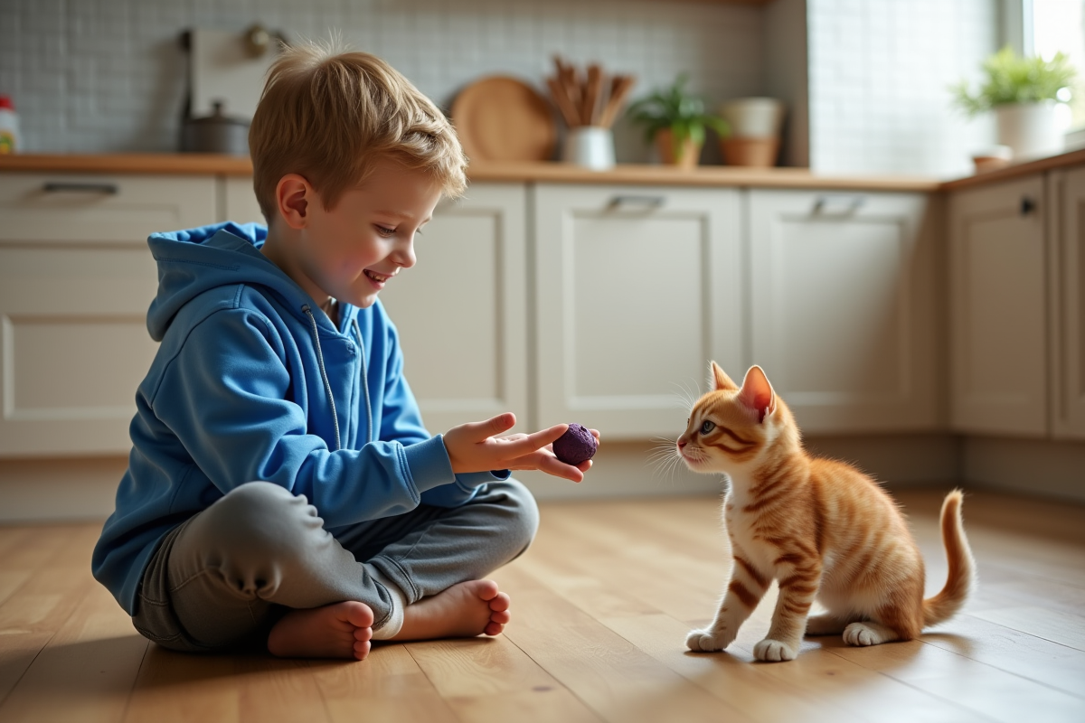Garçon de dix ans joue avec un chaton dans la cuisine