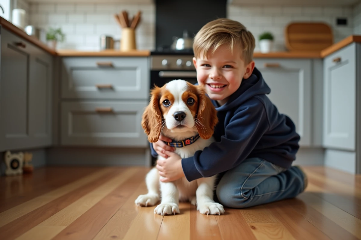 Garçon jouant avec un chiot dans la cuisine