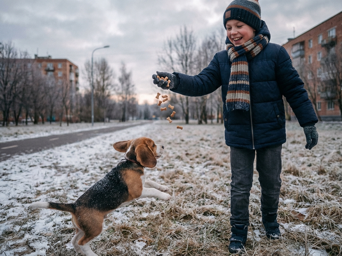 Garçon jouant avec son chiot beagle dans un parc en hiver