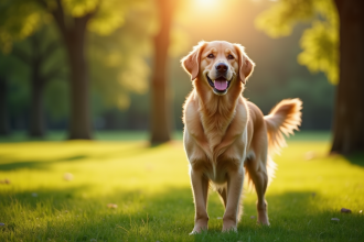 Chien Golden Retriever dans un parc ensoleille avec pelouse verte