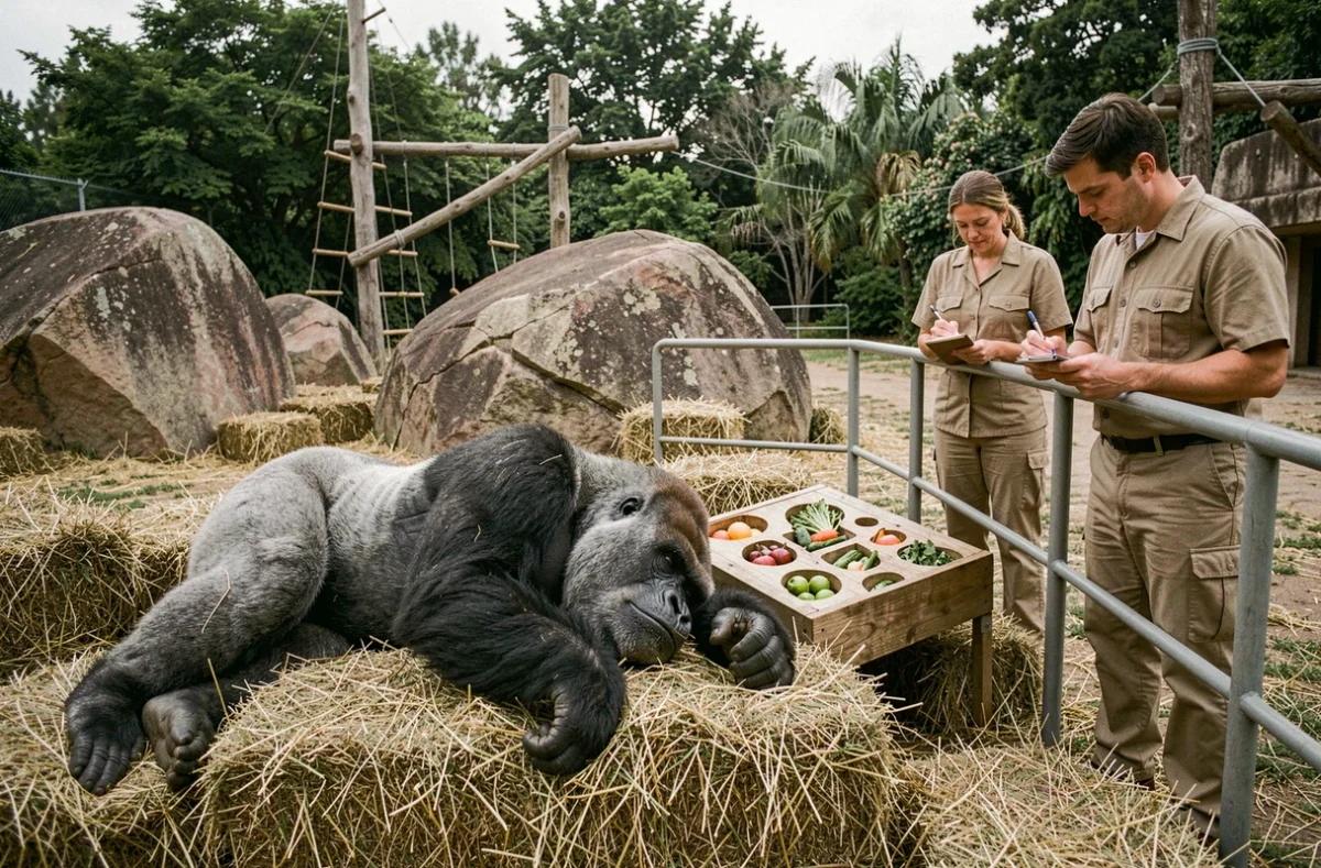 Équipe soignante observant un gorille silverback âgé se reposer dans son habitat naturalisé