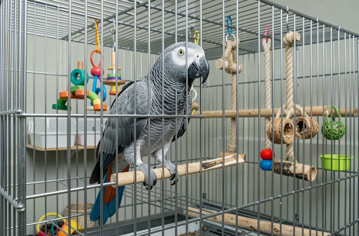 Gris du Gabon bleu dans une grande cage bien équipée avec jouets et perchoirs, erreurs courantes d'habitat à éviter pour les nouveaux propriétaires