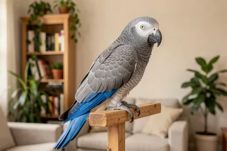Perroquet gris du Gabon à queue bleue perché sur un support en bois dans un intérieur domestique, illustrant les soins de base pour débutants