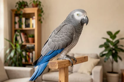 Perroquet gris du Gabon à queue bleue perché sur un support en bois dans un intérieur domestique, illustrant les soins de base pour débutants