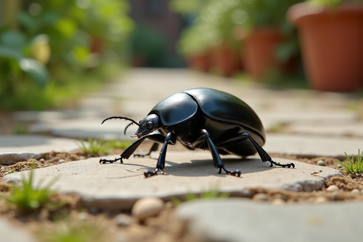Gros coléoptère noir marchant sur un chemin de pierre au jardin, insecte noir imposant vu en angle bas avec détails de carapace