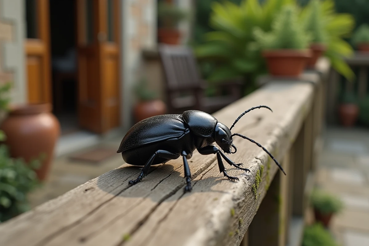 Gros insecte noir posé sur une rambarde en bois d'une terrasse, détail macro de l'exosquelette brillant