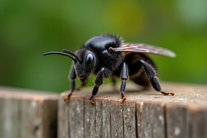 Gros insecte noir volant, un grand bourdon charpentier posé sur une clôture en bois de jardin, photographié en macro avec détails fins