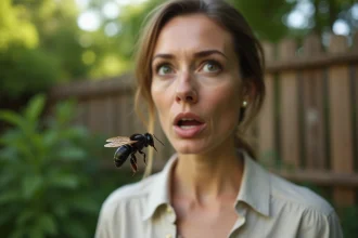 Femme surprise par un gros insecte noir volant qui tourne autour d'elle dans un jardin en été