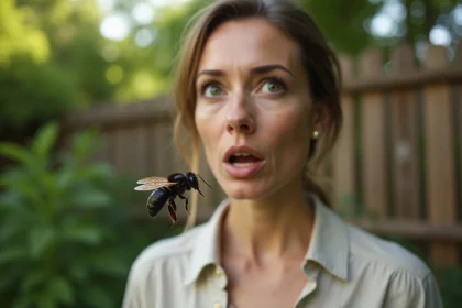 Femme surprise par un gros insecte noir volant qui tourne autour d'elle dans un jardin en été