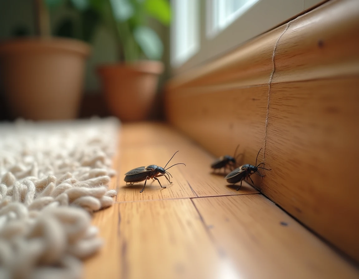 Gros plan d'insectes sur une plinthe en bois fendue dans un salon, solutions pour éliminer les insectes de la maison