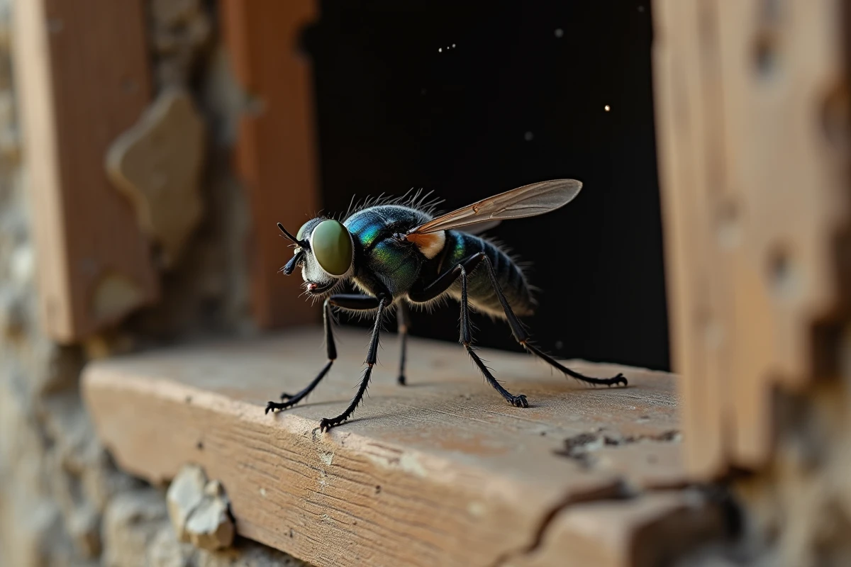 Grosse mouche noire en vol près d'une fenêtre de grange en bois, insecte volant bruyant avec grands yeux composés irisés