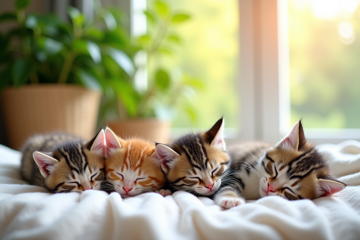 Groupe de chatons reposant sur une couverture blanche près d