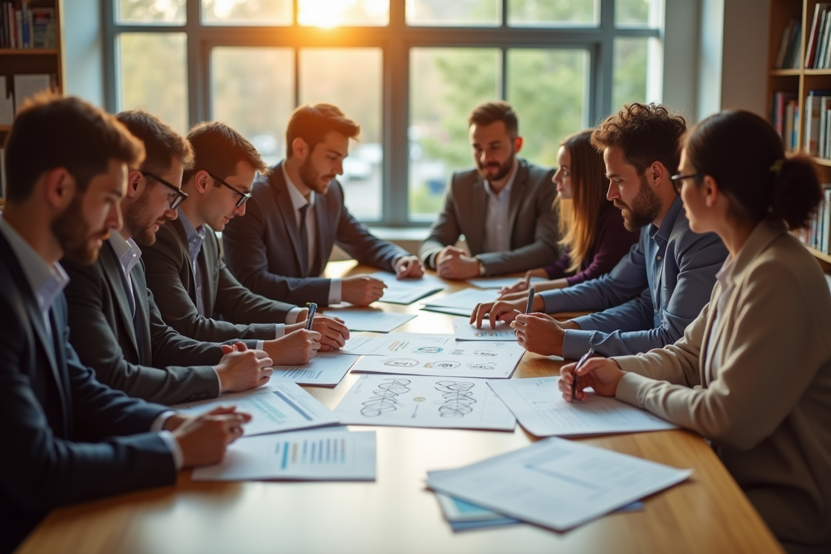 Groupe de personnes examinant documents et graphiques génétiques