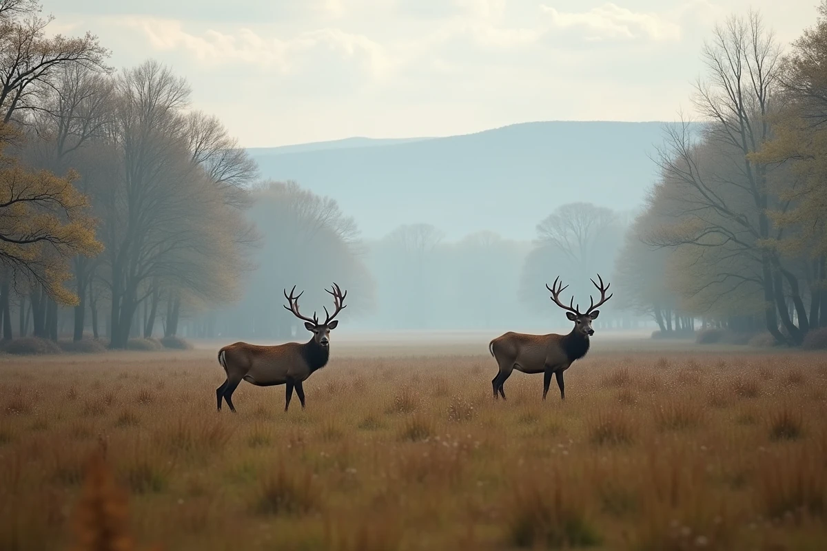 Groupe de cerfs dans une prairie vallonnée en automne, stag patrouillant en période de rut sous un ciel couvert